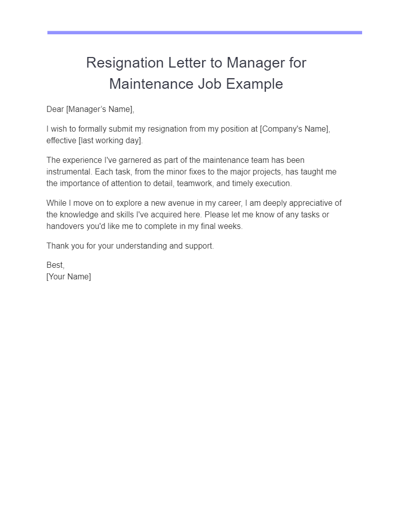 resignation letter to manager for maintenance job example