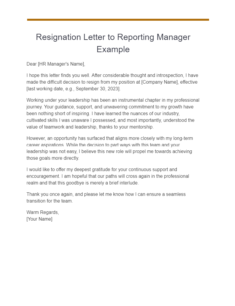 resignation letter to reporting manager example