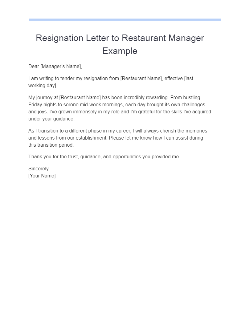 resignation letter to restaurant manager exampl