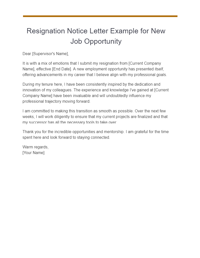 Resignation Notice Letter Example for New Job Opportunity