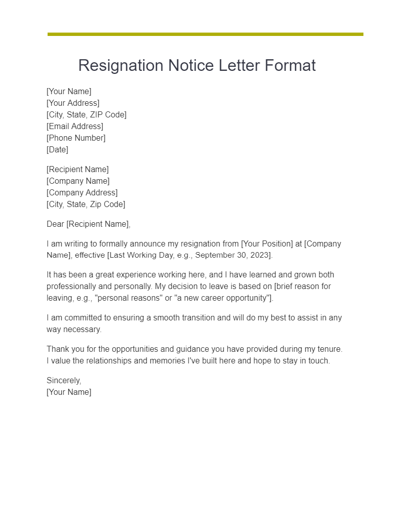 resignation notice letter format