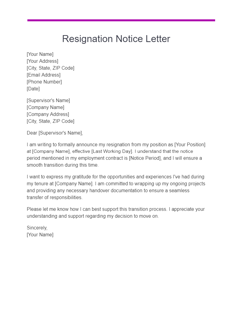 resignation notice letter