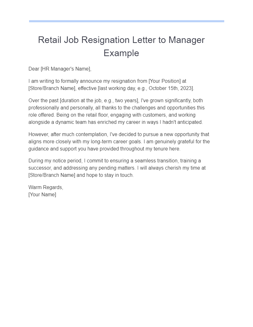 retail job resignation letter to manager example
