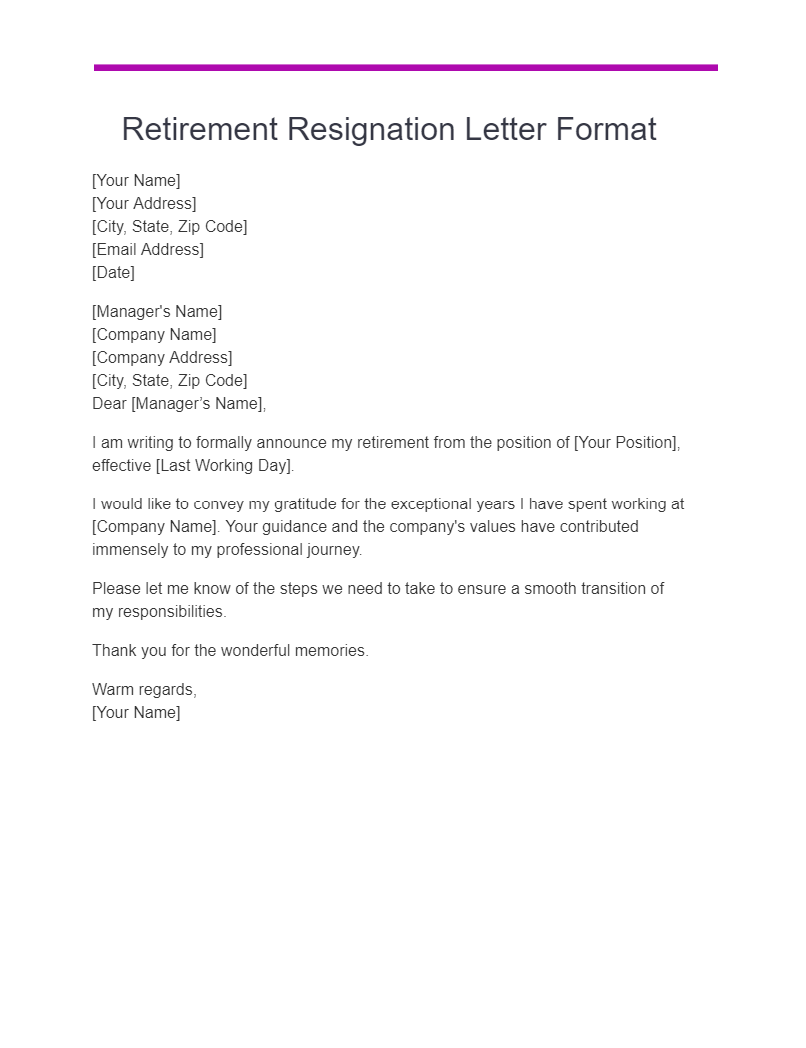 retirement resignation letter format