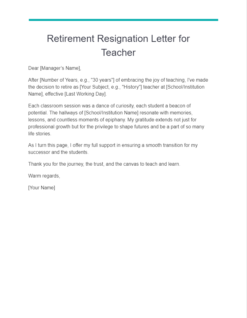 retirement resignation letter for teacher