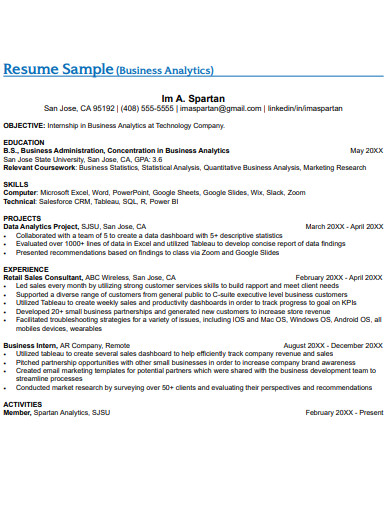 SQL Business Analytics Resume Example