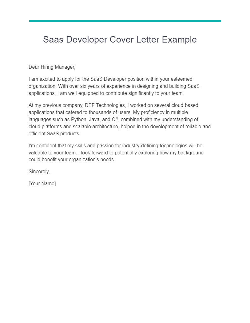 saas developer cover letter example