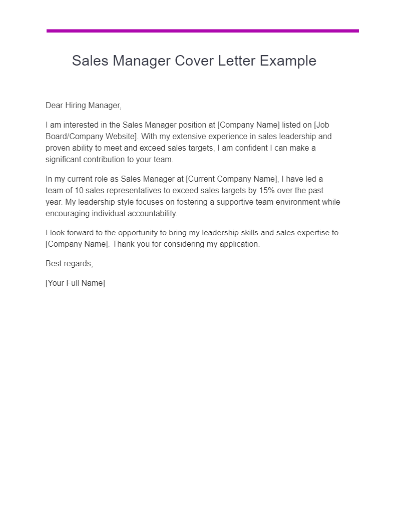sales manager cover letter example