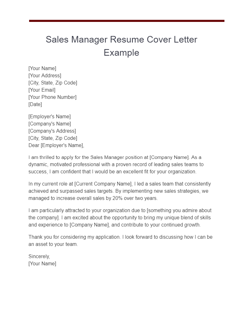 sales manager resume cover letter example
