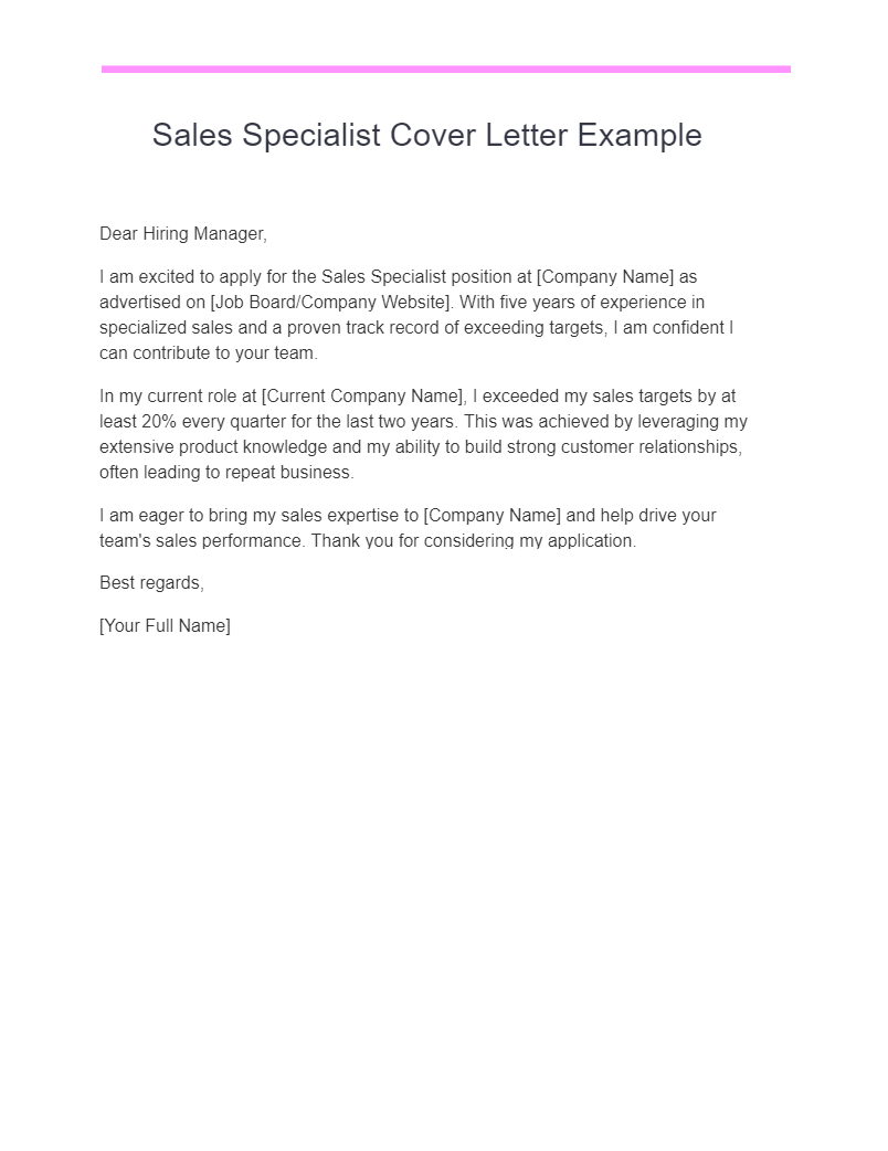 sales specialist cover letter example