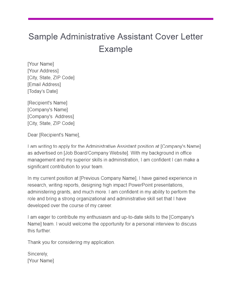 sample administrative assistant cover letter example