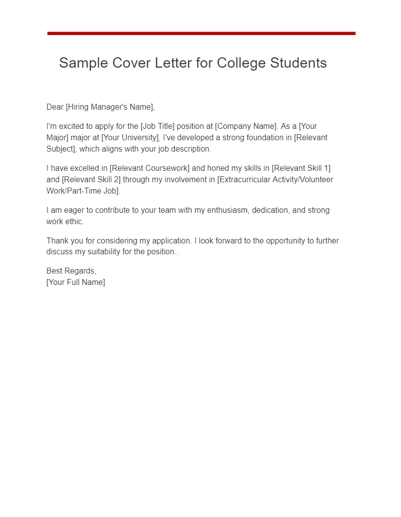 sample cover letter for college students