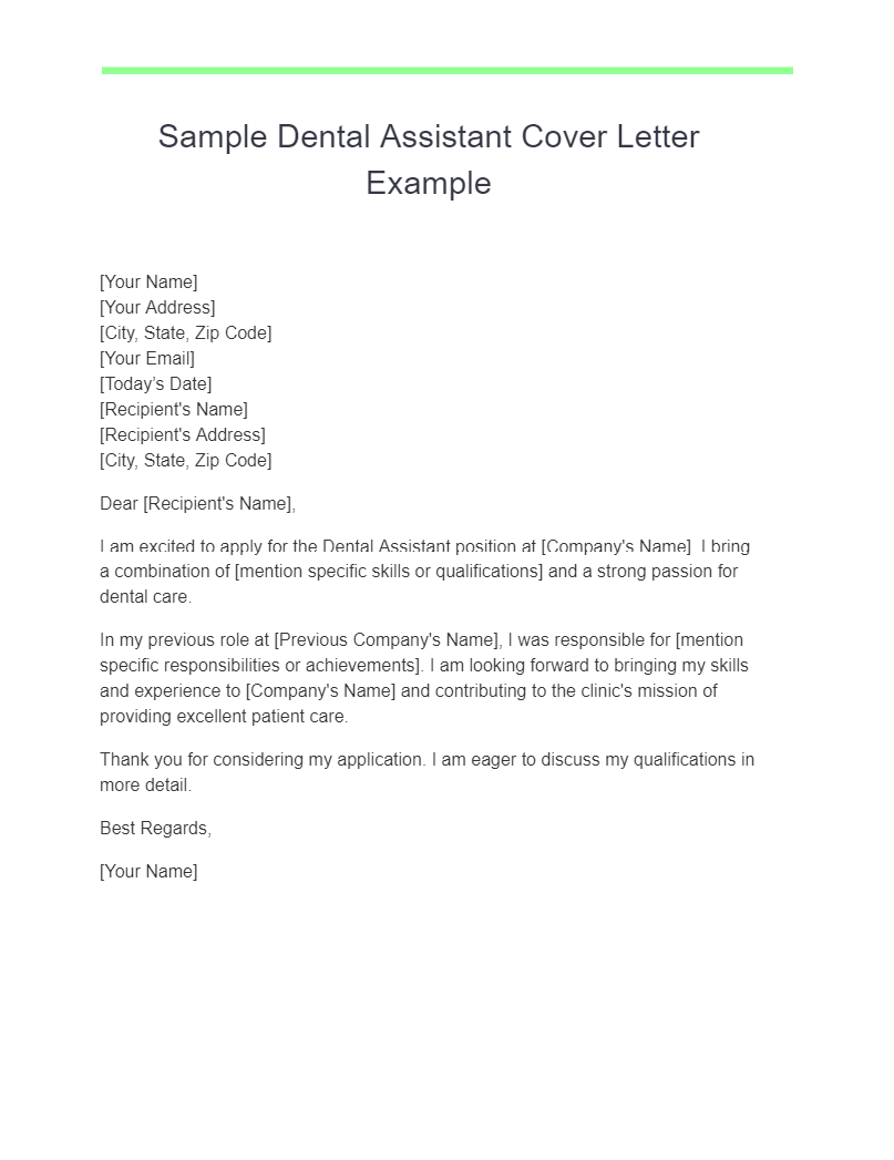 Sample Dental Assistant Cover Letter Example