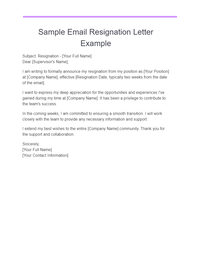 sample email resignation letter examples