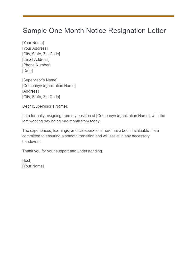 sample one month notice resignation letter