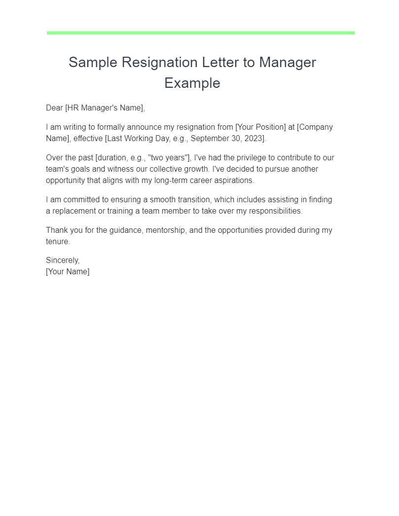 Sample Resignation Letter to Manager Example