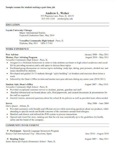 sample resume for student seeking a part time job