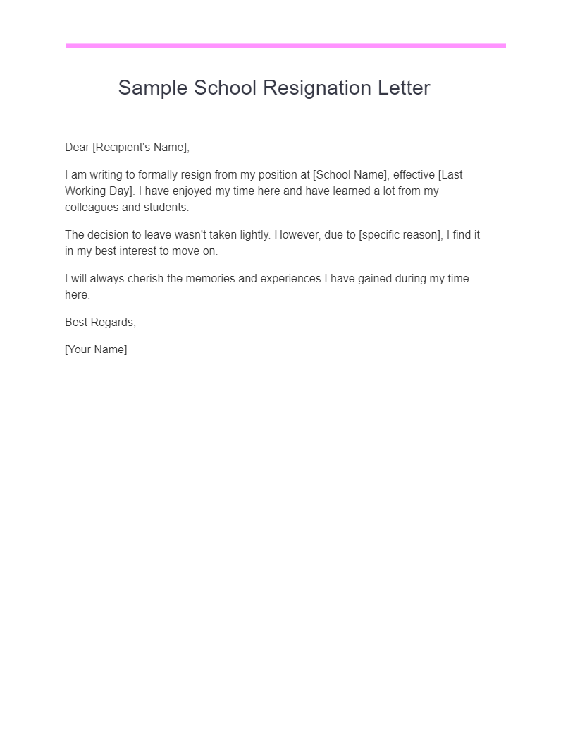 sample school resignation letter