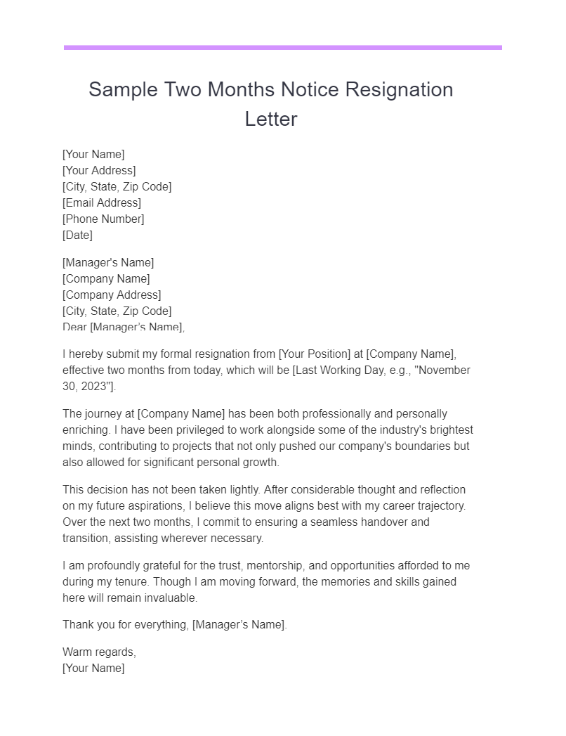 sample two months notice resignation letter