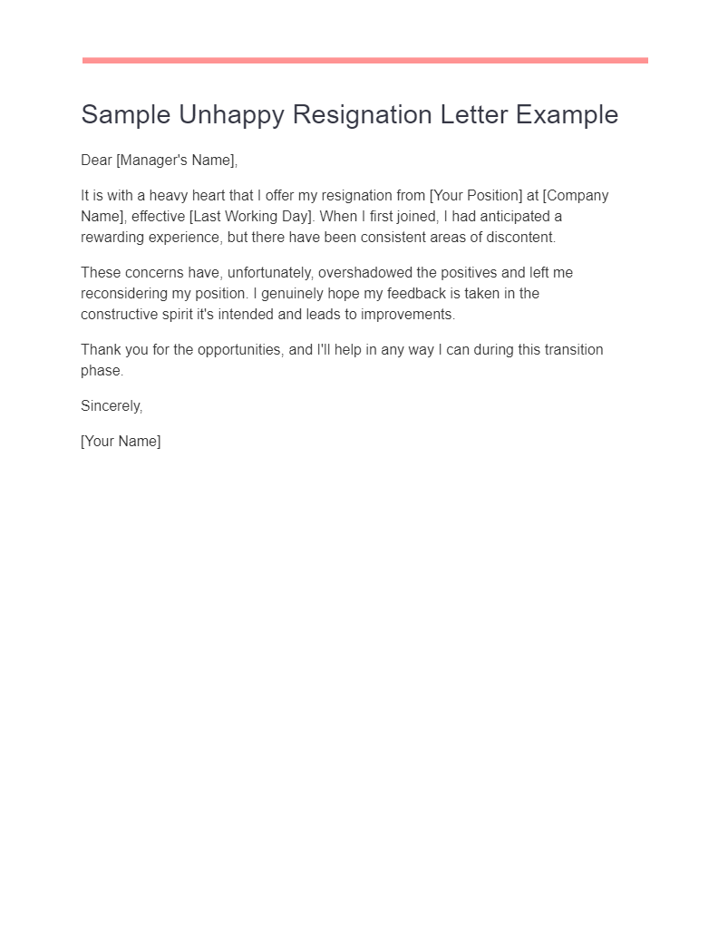 sample unhappy resignation letter example