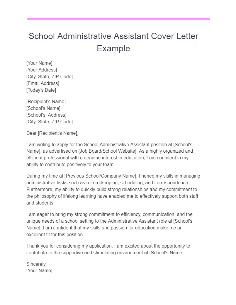 school administrative assistant cover letter example