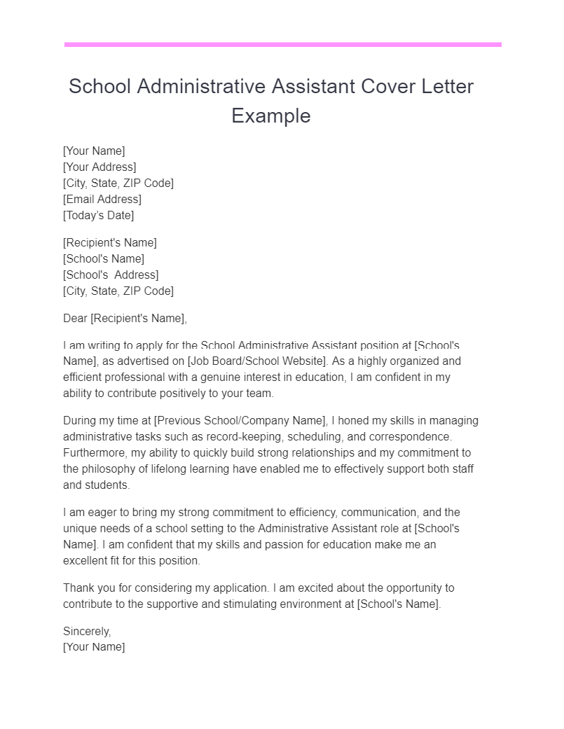 cover letter for a school administrative assistant