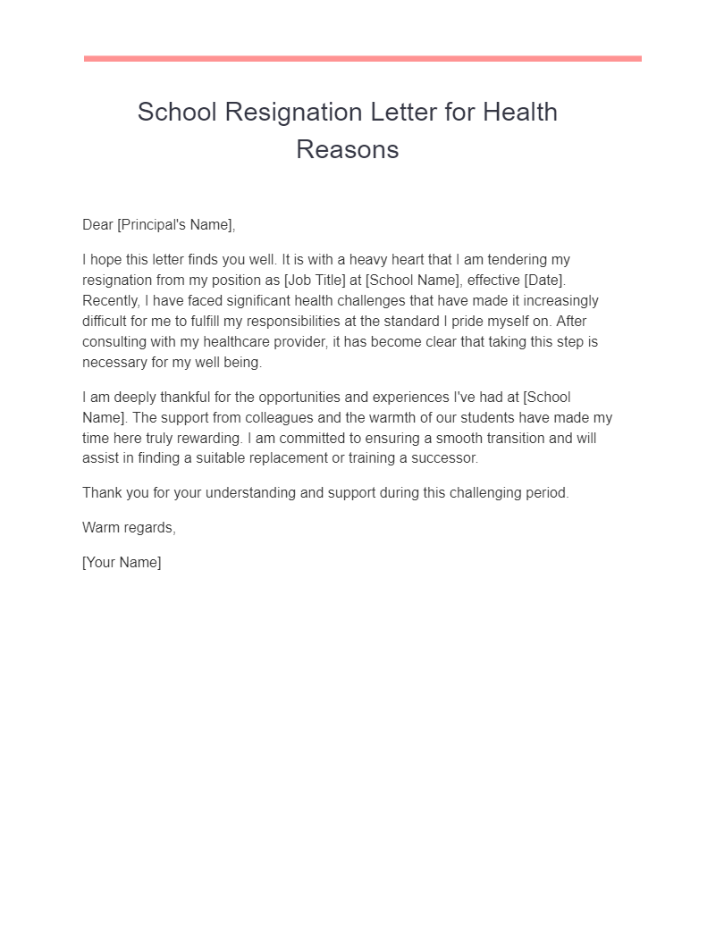 school resignation letter for health reasons