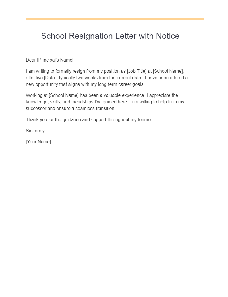school resignation letter with notice