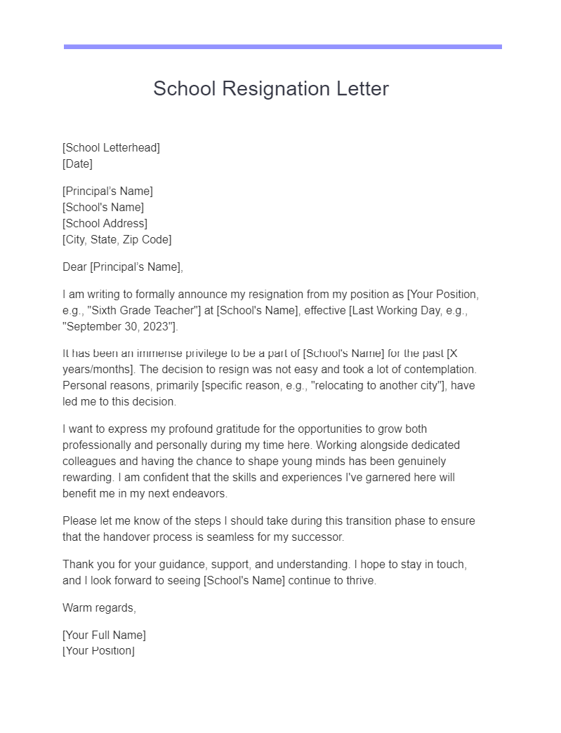 school resignation letter