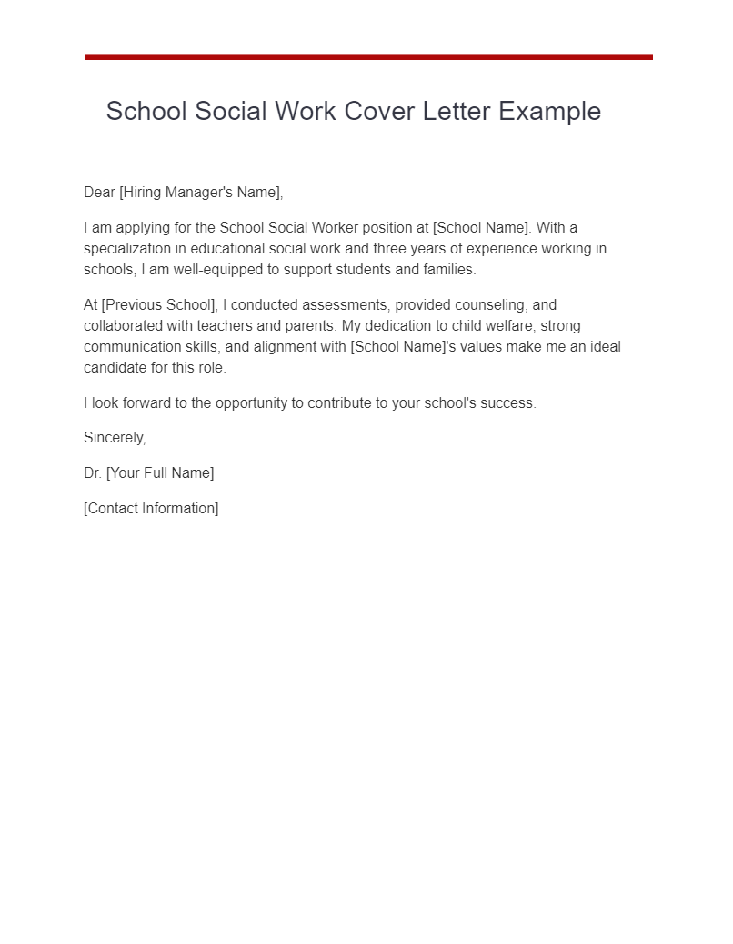 school social work cover letter example