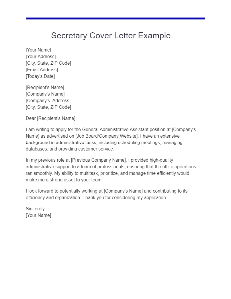 secretary cover letter example