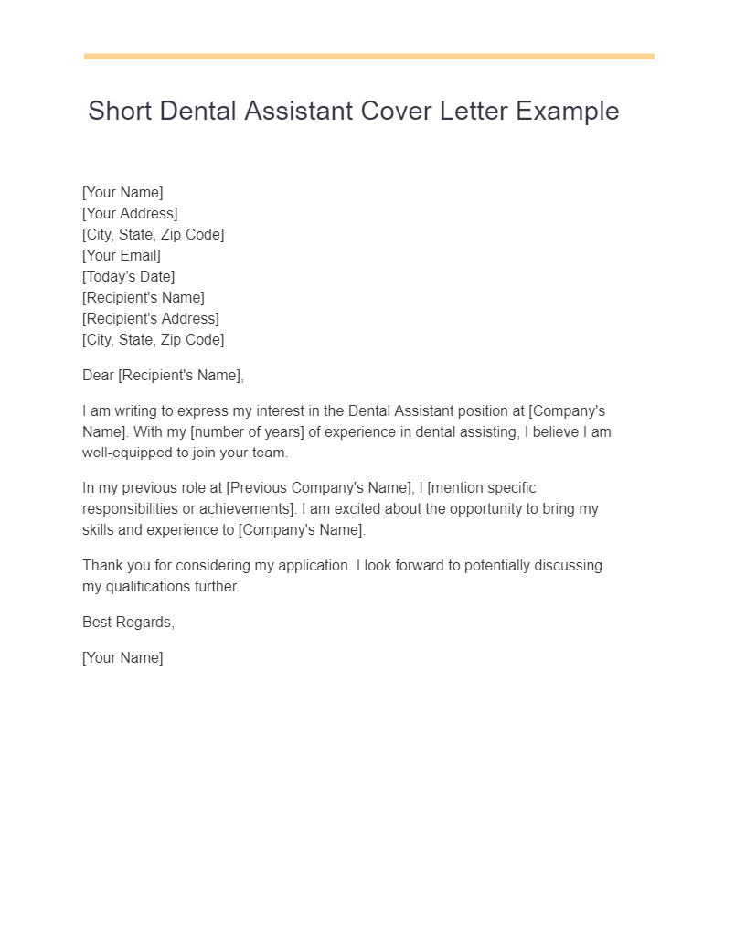 Short Dental Assistant Cover Letter Example