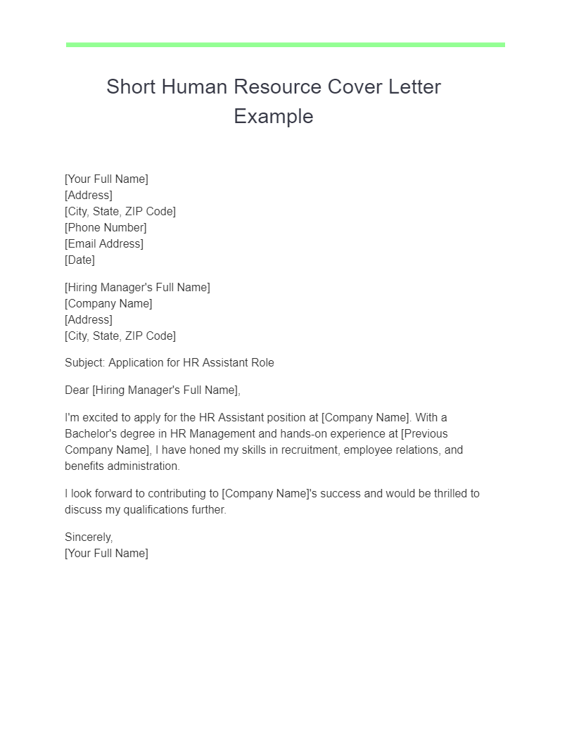 Short Human Resource Cover Letter Example