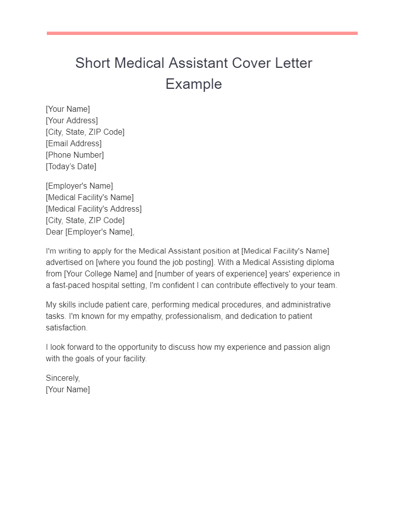 short medical assistant cover letter example