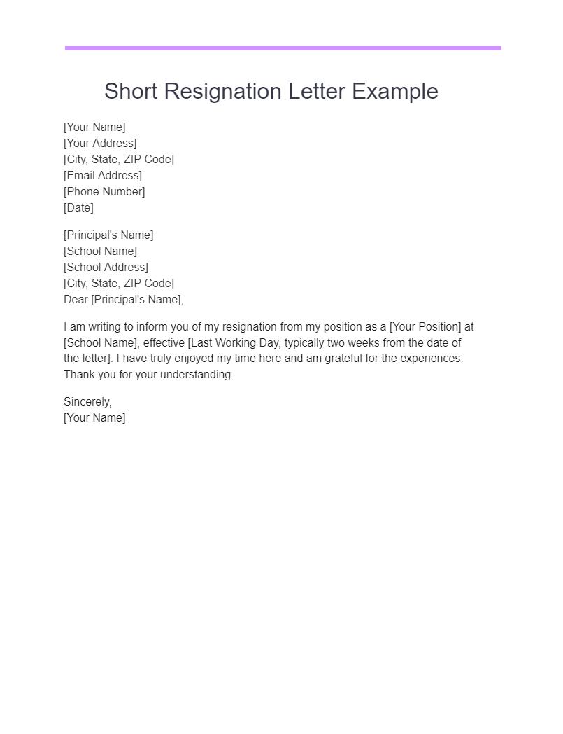 short resignation letter examples