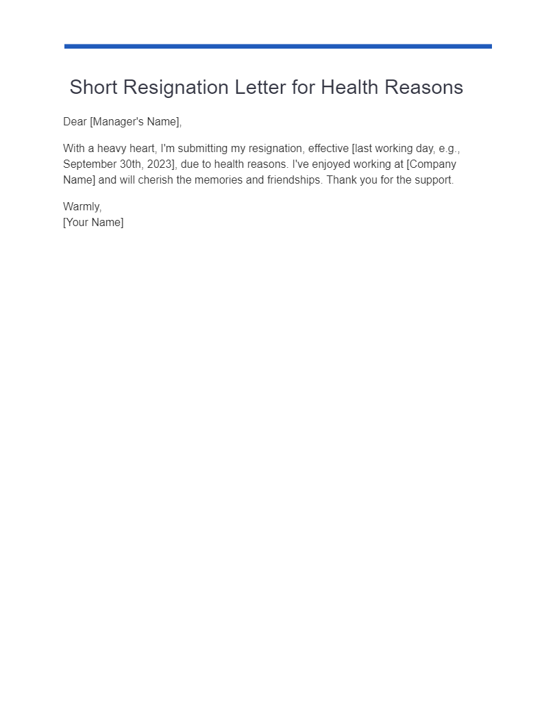 short resignation letter for health reasons