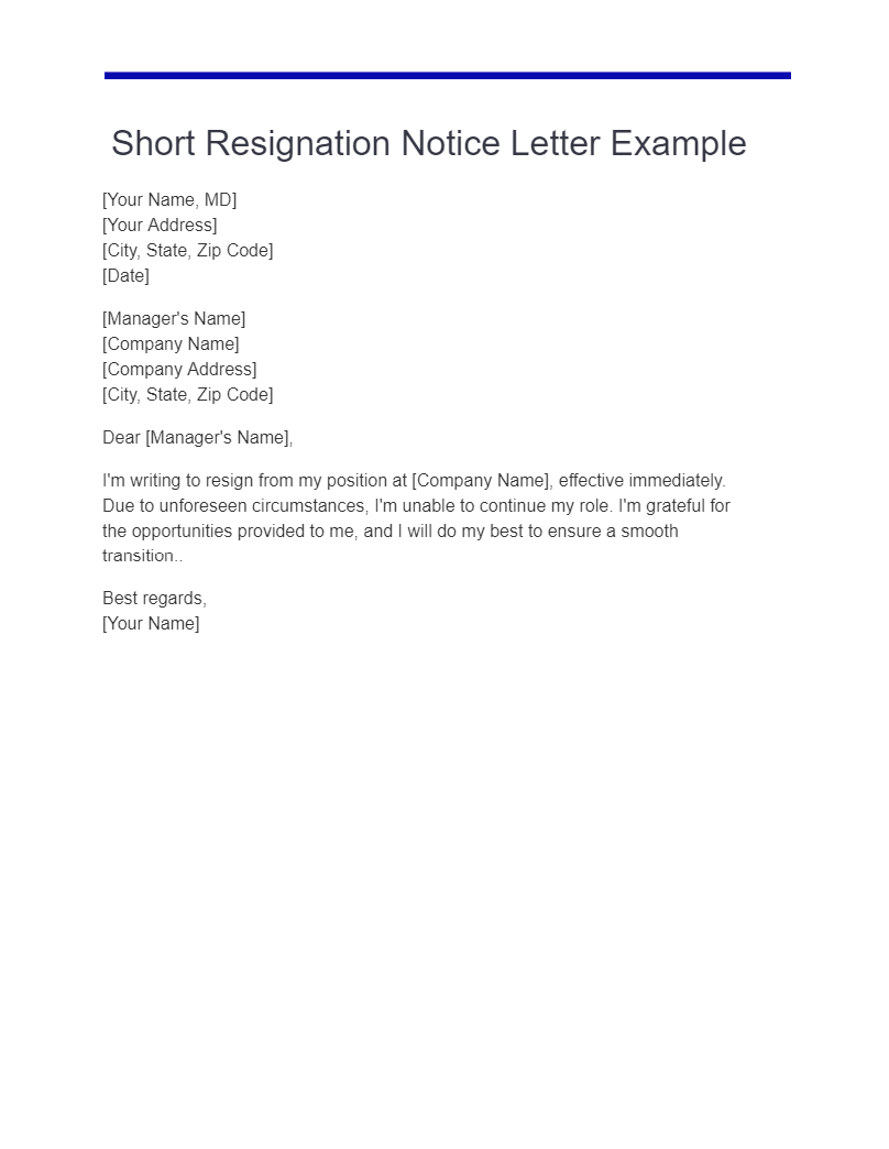 short resignation notice letter example
