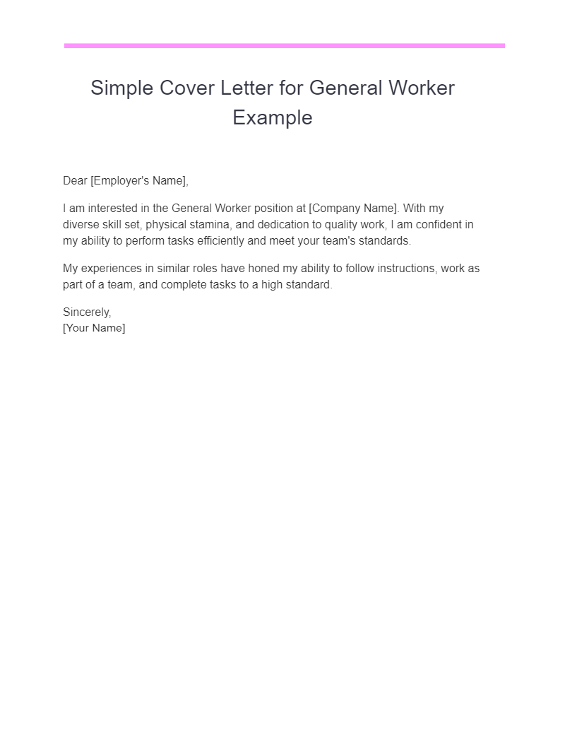 simple cover letter for general worker example