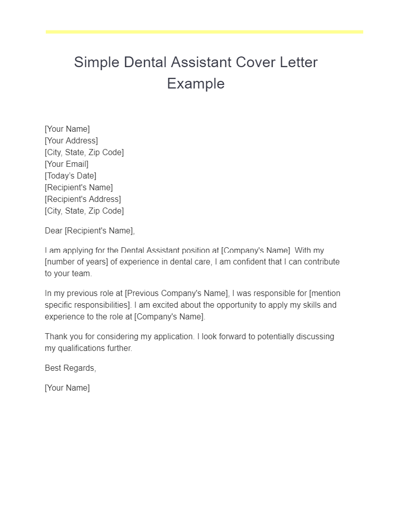 Simple Dental Assistant Cover Letter Example