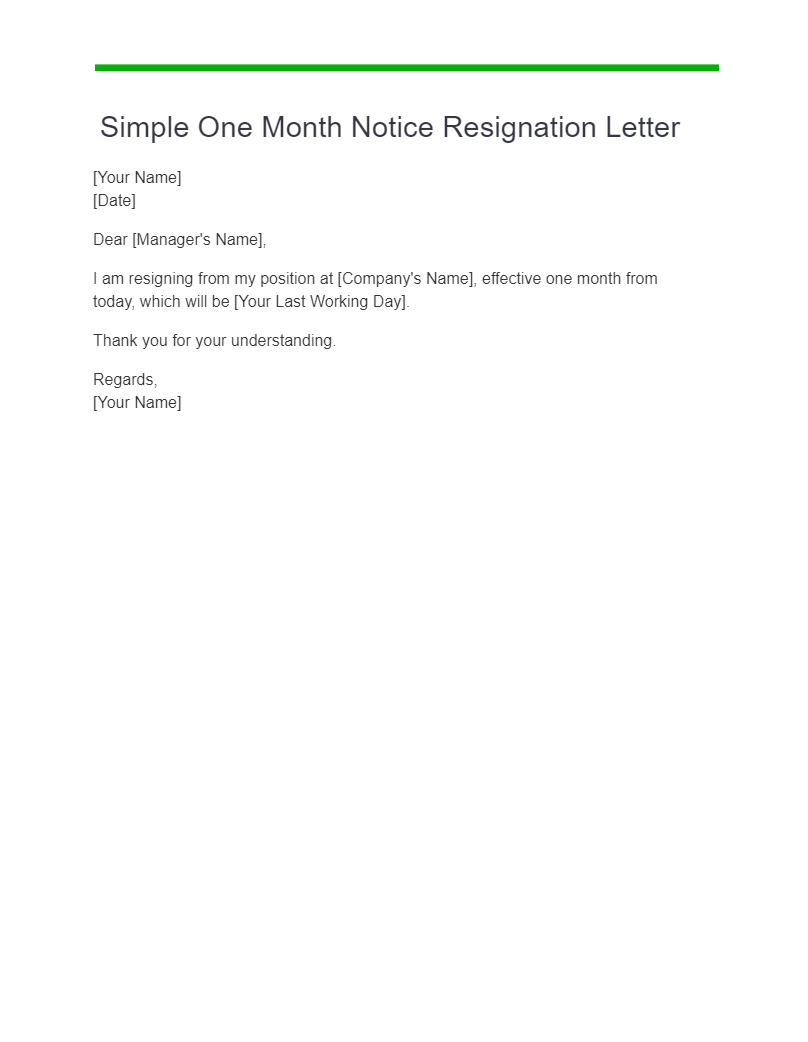 simple one month notice resignation letter