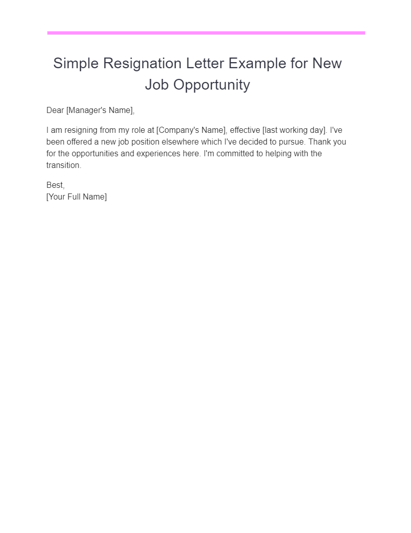 Simple Resignation Letter Example for New Job Opportunity