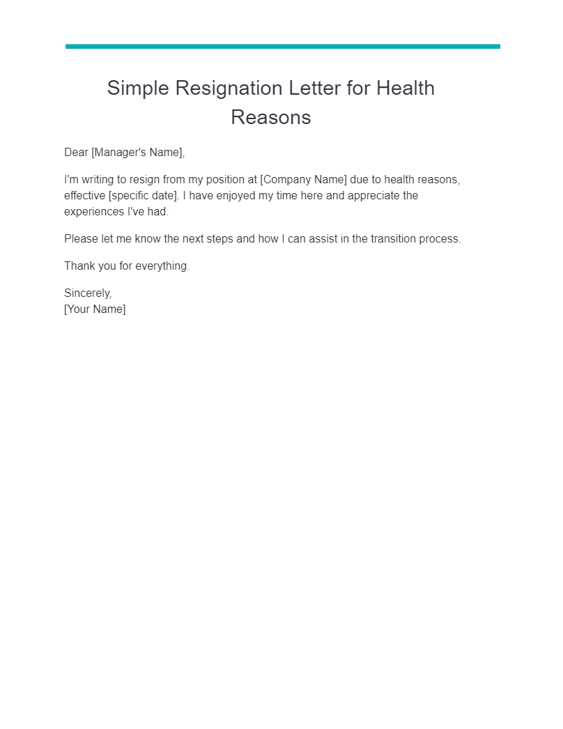 simple resignation letter for health reasons