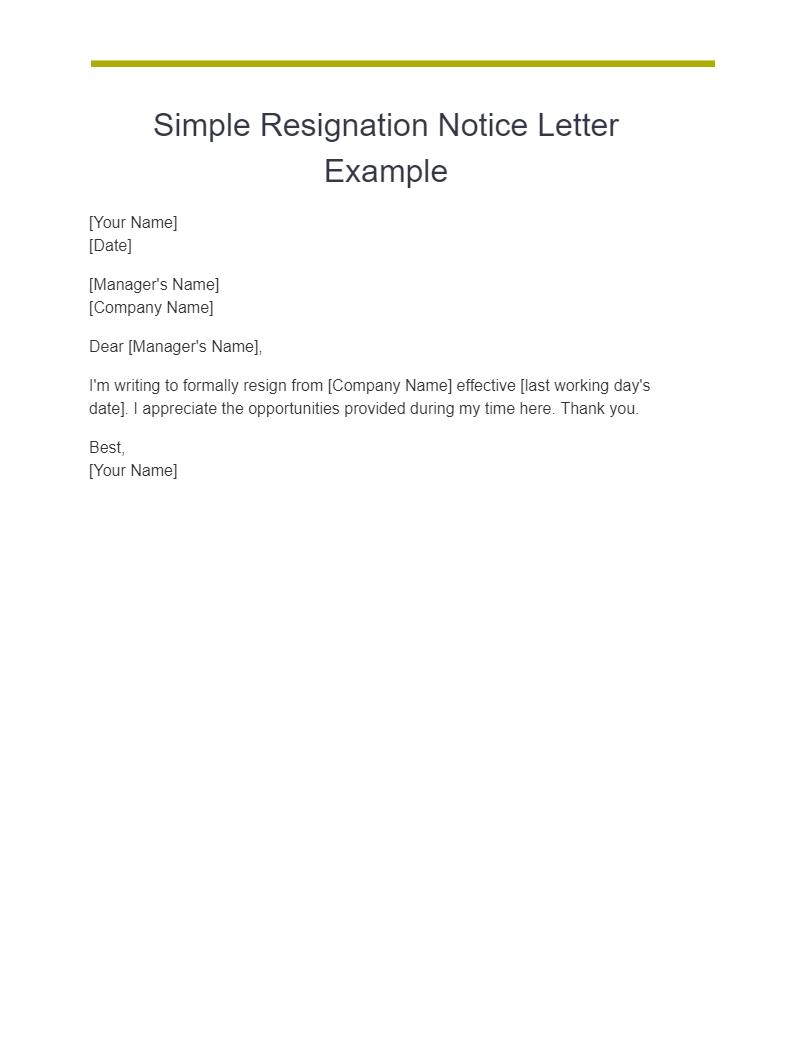 simple resignation notice letter example