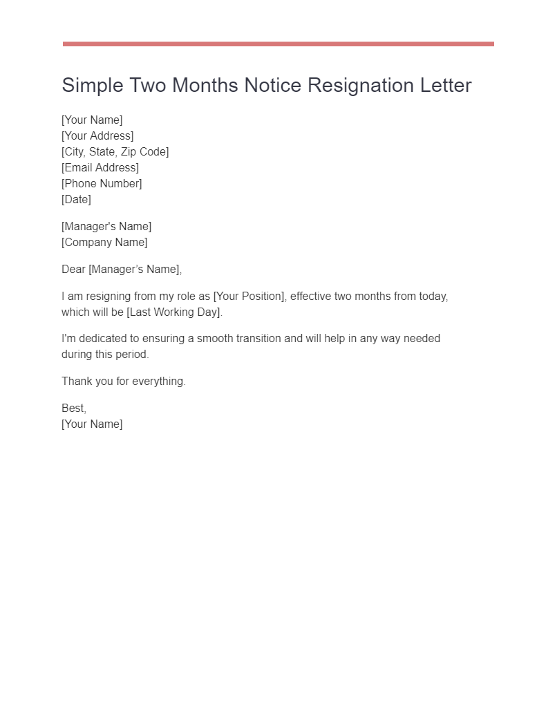 simple two months notice resignation letter