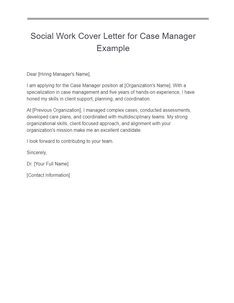 social work cover letter for case manager example