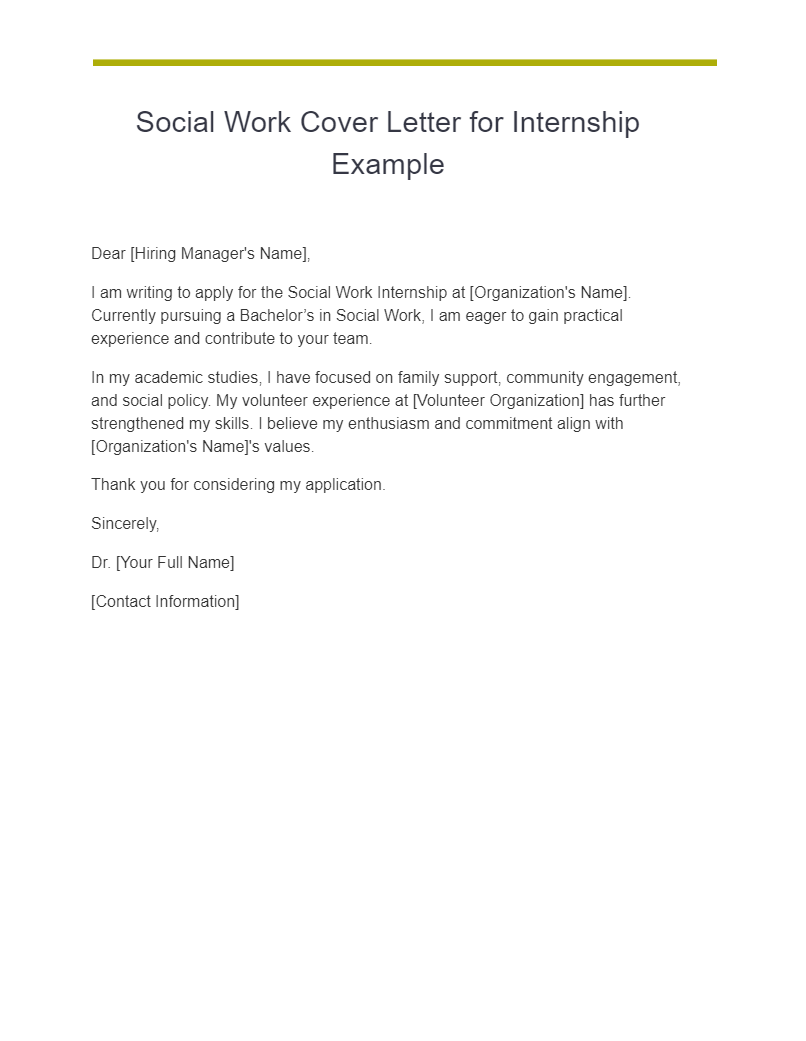 social work cover letter for internship example