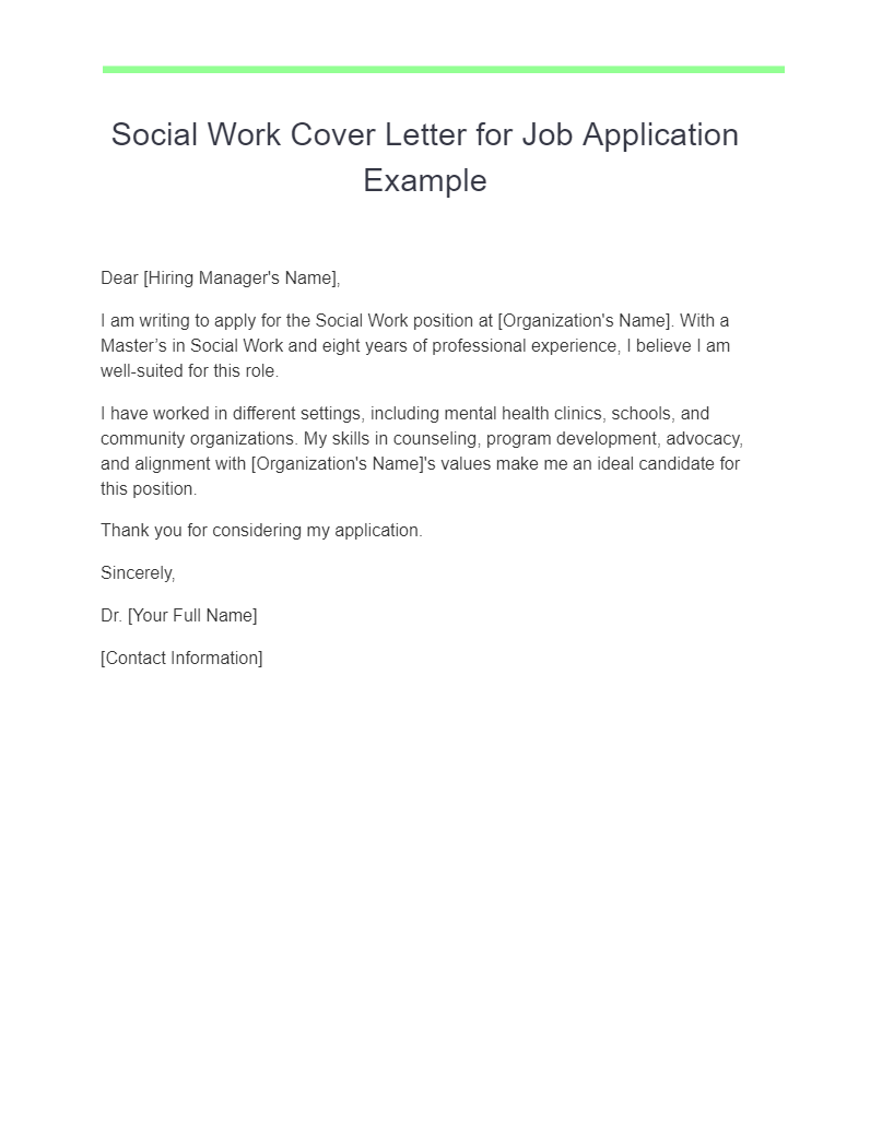 social work cover letter for job application example