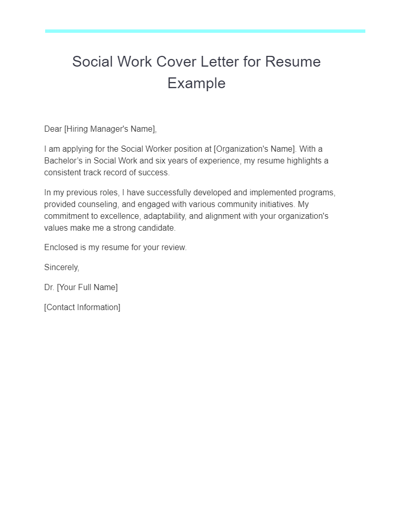 social work cover letter for resume example