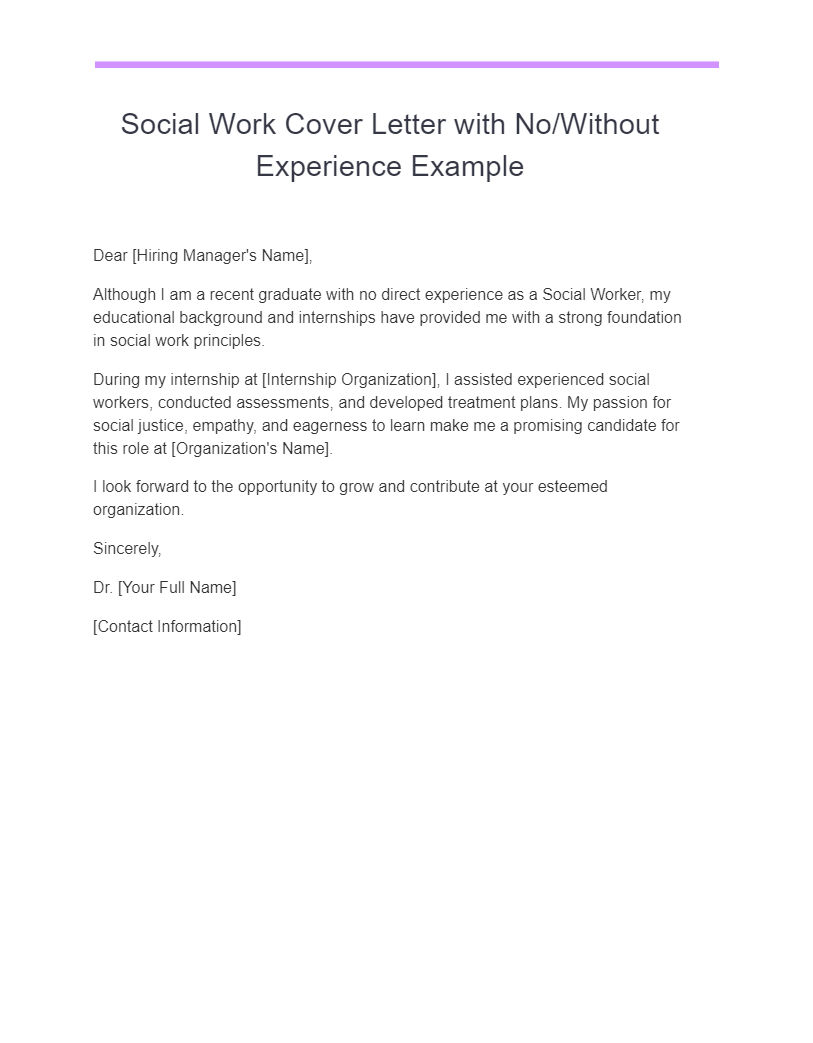social work cover letter with no without experience example