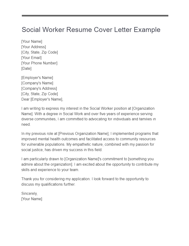 social worker resume cover letter example